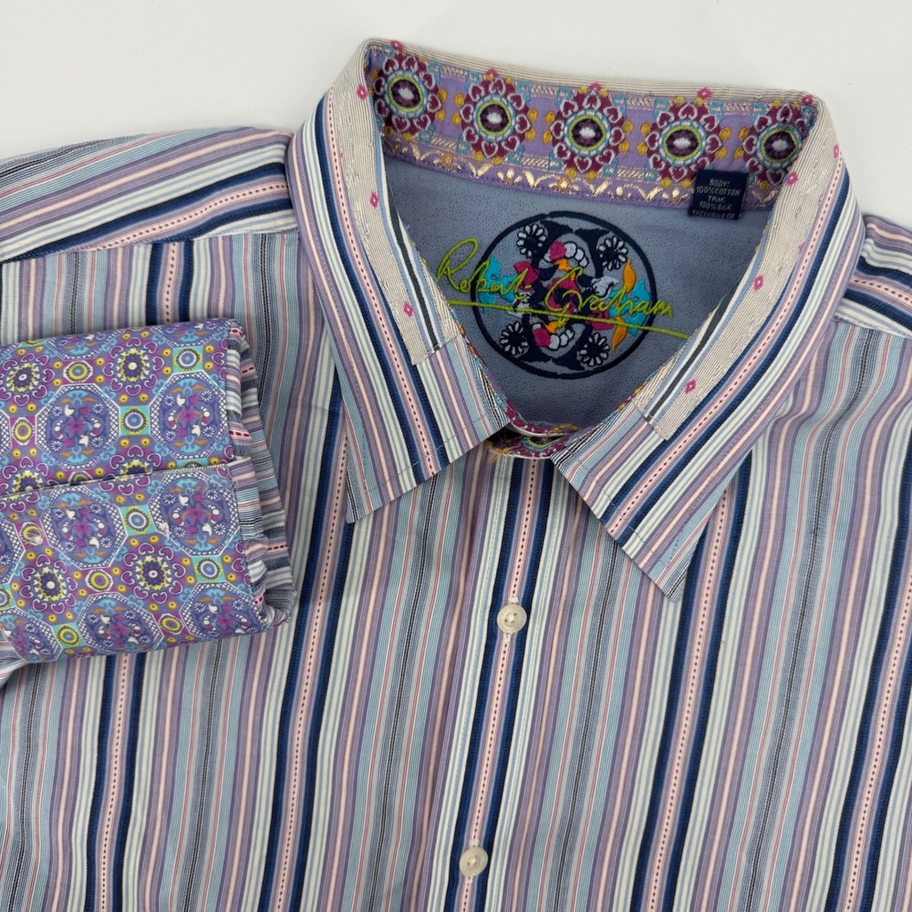 Robert‎ Graham Striped Button Down Shirt Men's 2XL Cotton Silk Trim Colorful